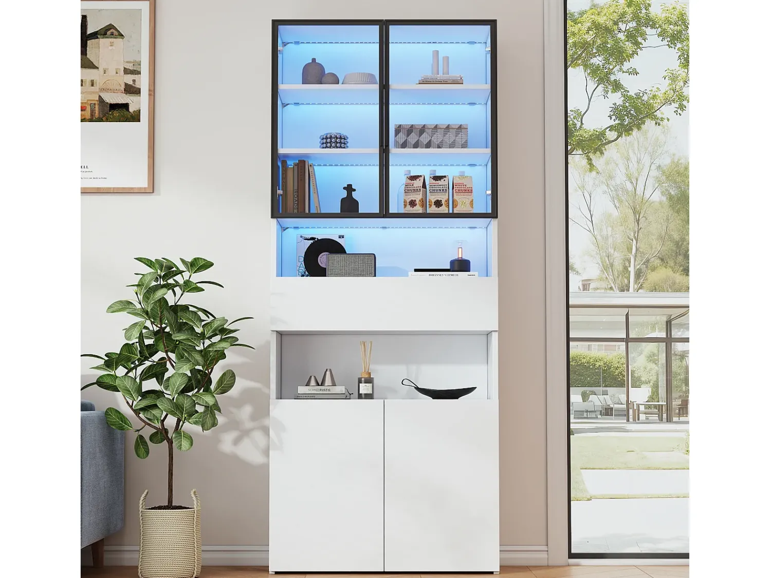 Vitrina* Vitrine branca com iluminação LED - Vitrine com 2 portas de vidro e 2 portas de madeira - 1 gaveta e espaço de arrumação aberto Branco