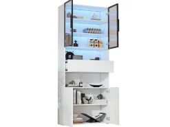 Vitrina* Vitrine branca com iluminação LED - Vitrine com 2 portas de vidro e 2 portas de madeira - 1 gaveta e espaço de arrumação aberto Branco