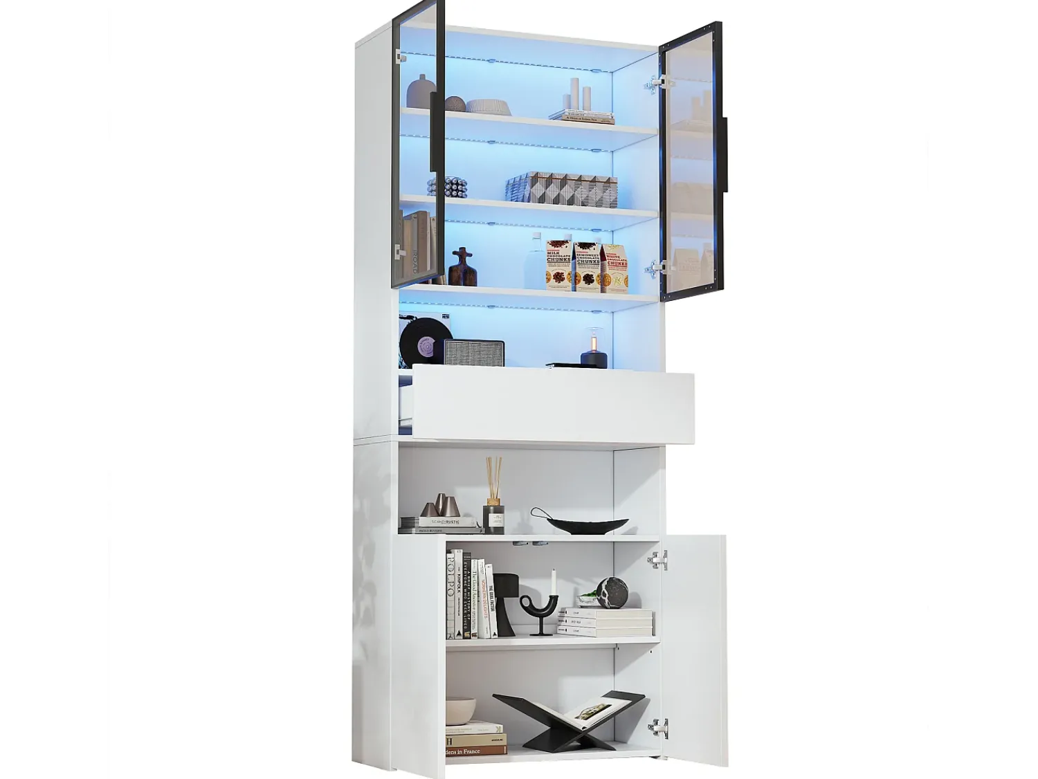 Vitrina* Vitrine branca com iluminação LED - Vitrine com 2 portas de vidro e 2 portas de madeira - 1 gaveta e espaço de arrumação aberto Branco