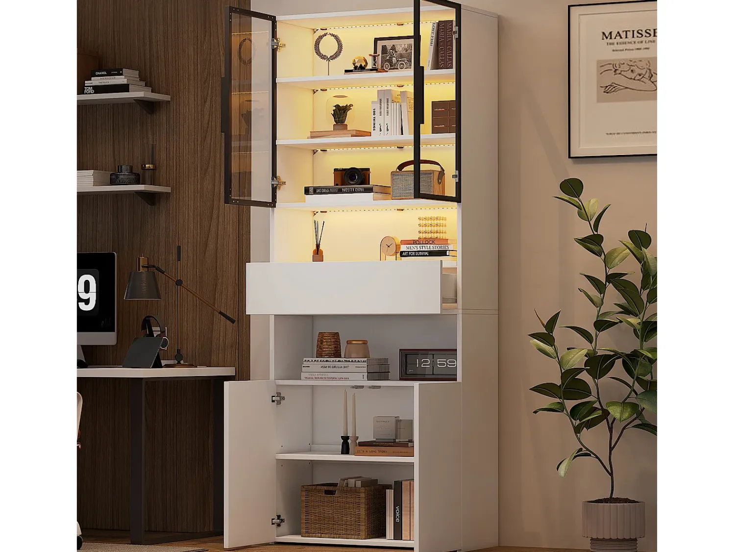 Vitrina* Vitrine branca com iluminação LED - Vitrine com 2 portas de vidro e 2 portas de madeira - 1 gaveta e espaço de arrumação aberto Branco