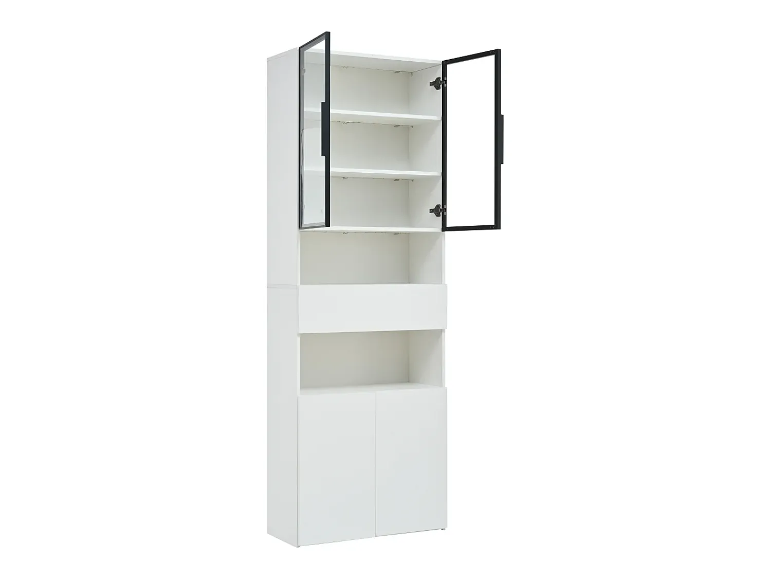 Vitrina* Vitrine branca com iluminação LED - Vitrine com 2 portas de vidro e 2 portas de madeira - 1 gaveta e espaço de arrumação aberto Branco