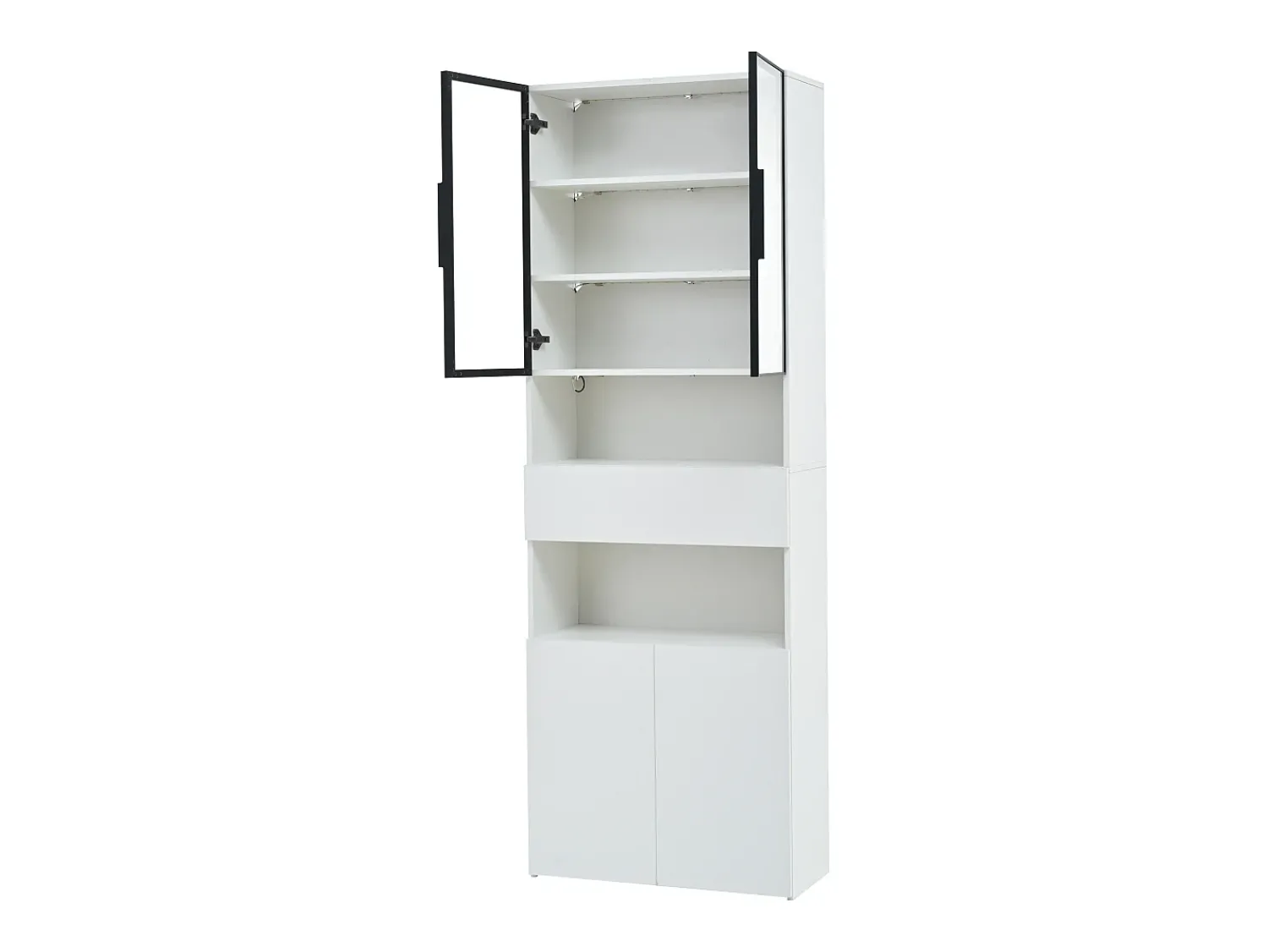 Vitrina* Vitrine branca com iluminação LED - Vitrine com 2 portas de vidro e 2 portas de madeira - 1 gaveta e espaço de arrumação aberto Branco