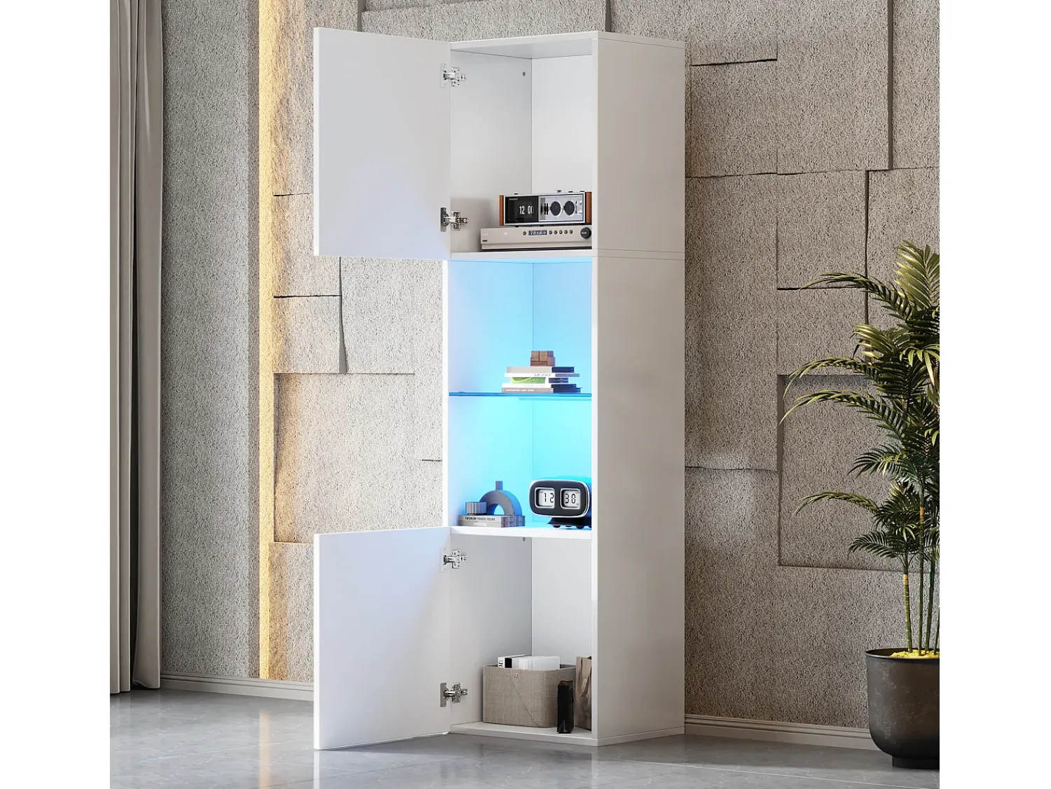 Vitrina*Hauss Spole Vitrine branca de alto brilho com 2 portas e 1 prateleira de vidro, LED incluído - 45x35x160cm Branco