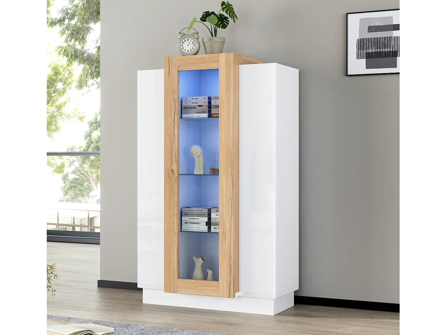 Hauss Spole Vitrine branca 74x40x120cm com 3 portas, sendo 1 de acrílico, prateleiras de vidro, LED incluso Branco