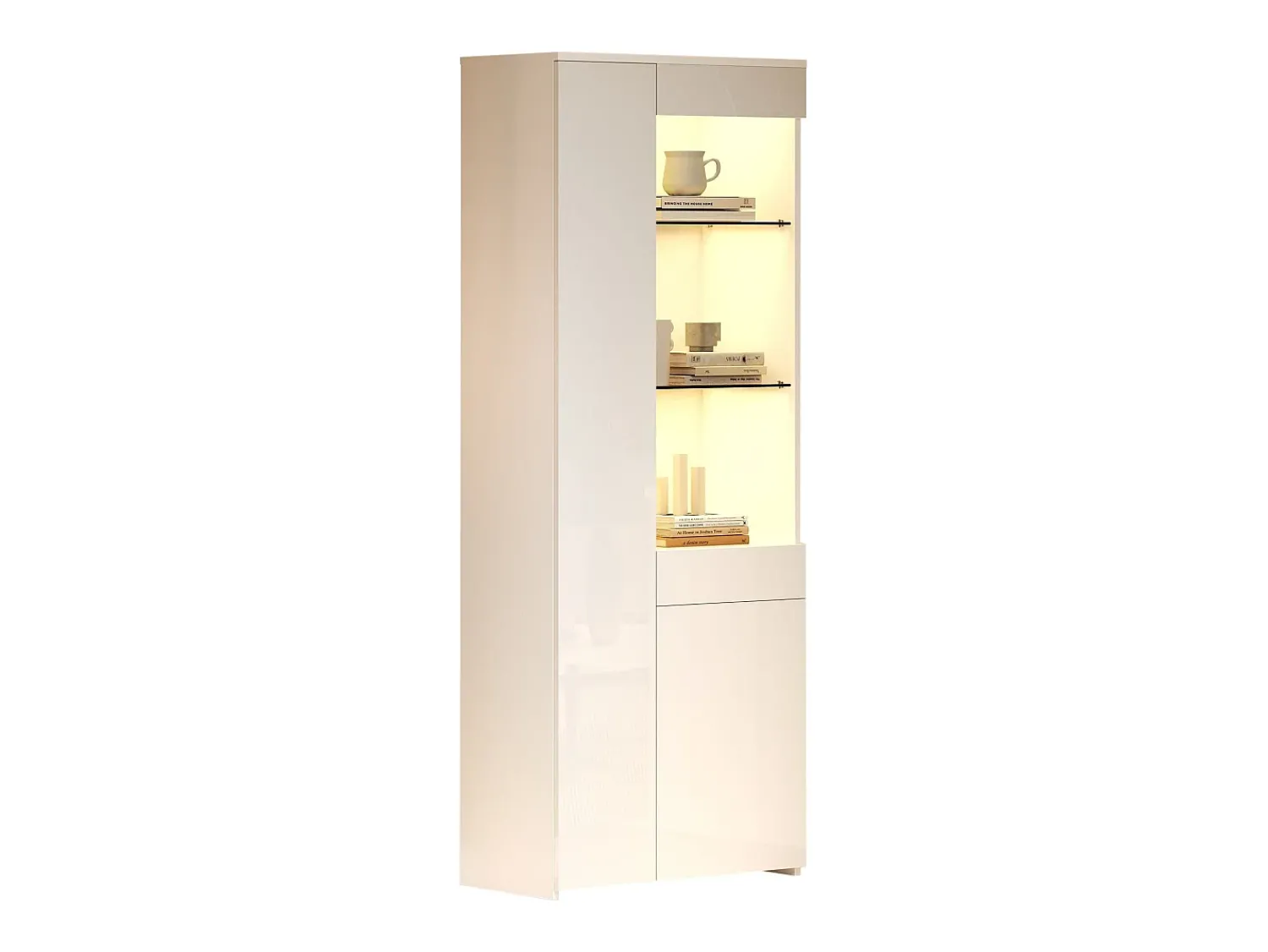 Outlet ModernLuxe Vitrine brilhante 70×35×180 cm - com iluminação LED - 2 portas e 1 gaveta - Branco