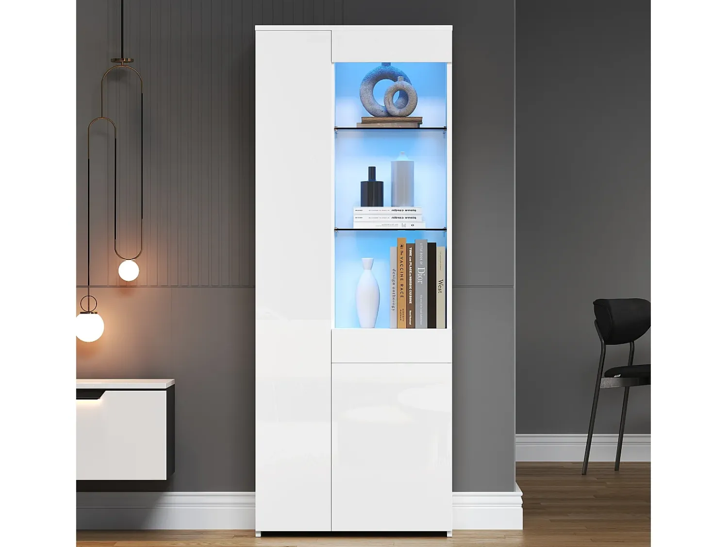 Outlet ModernLuxe Vitrine brilhante 70×35×180 cm - com iluminação LED - 2 portas e 1 gaveta - Branco