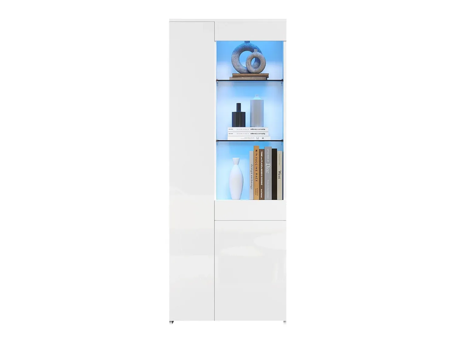 Outlet ModernLuxe Vitrine brilhante 70×35×180 cm - com iluminação LED - 2 portas e 1 gaveta - Branco