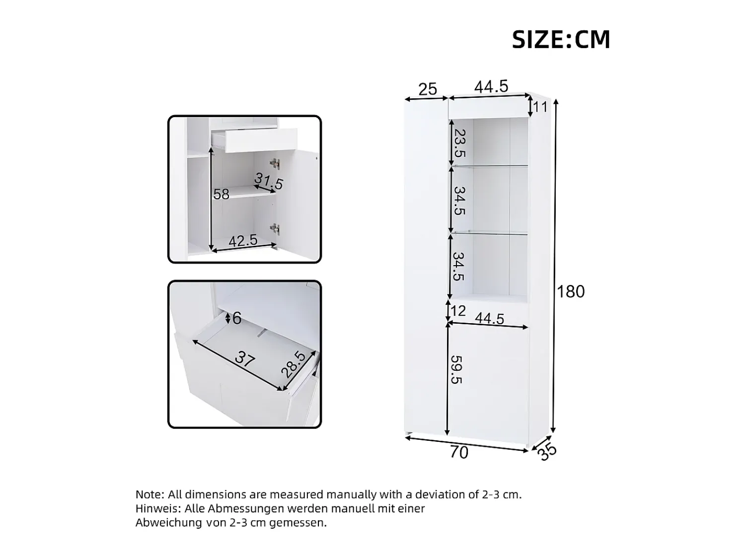 Outlet ModernLuxe Vitrine brilhante 70×35×180 cm - com iluminação LED - 2 portas e 1 gaveta - Branco