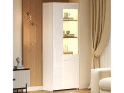 Outlet ModernLuxe Vitrine brilhante 70×35×180 cm - com iluminação LED - 2 portas e 1 gaveta - Branco