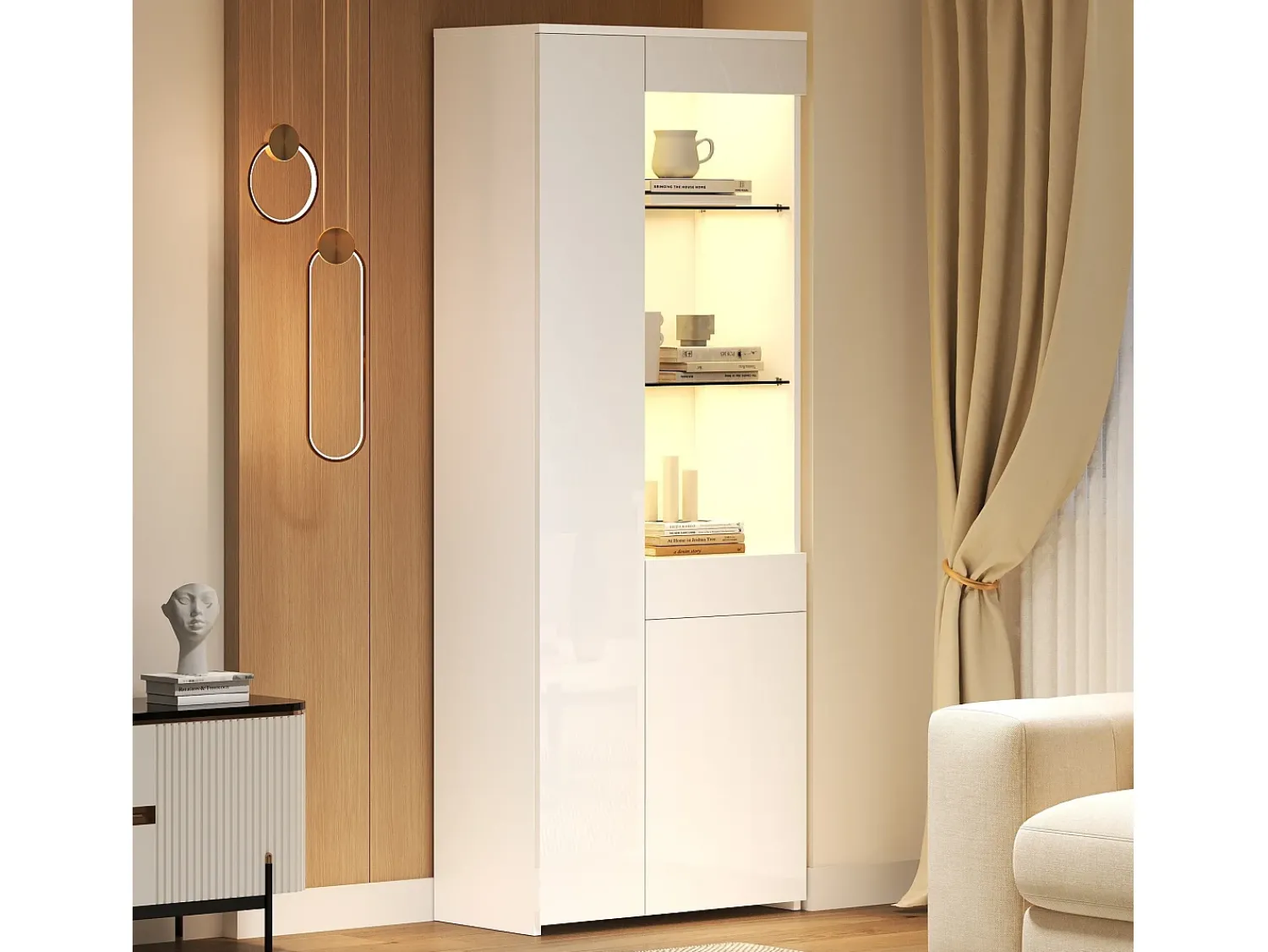 Outlet ModernLuxe Vitrine brilhante 70×35×180 cm - com iluminação LED - 2 portas e 1 gaveta - Branco