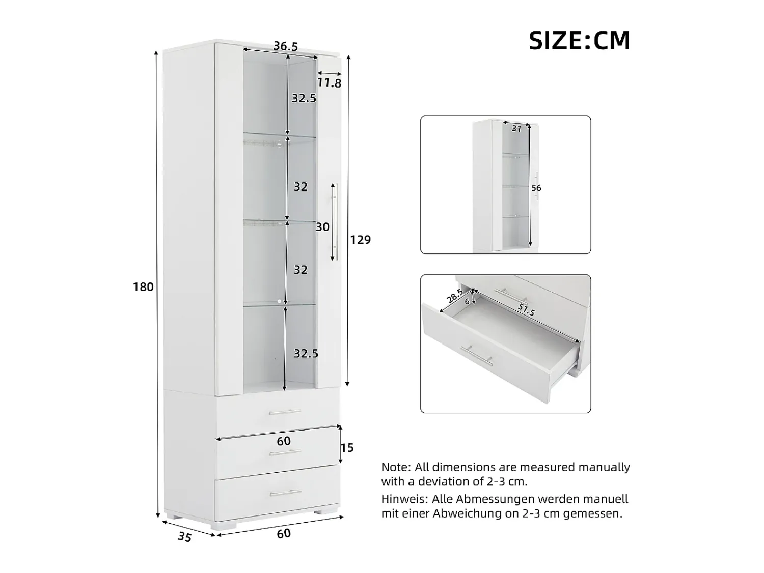 Vitrina|ModernLuxe Vitrine brilhante - com LED - 3 gavetas e prateleiras - 60x35x180 cm - MDF - Branco