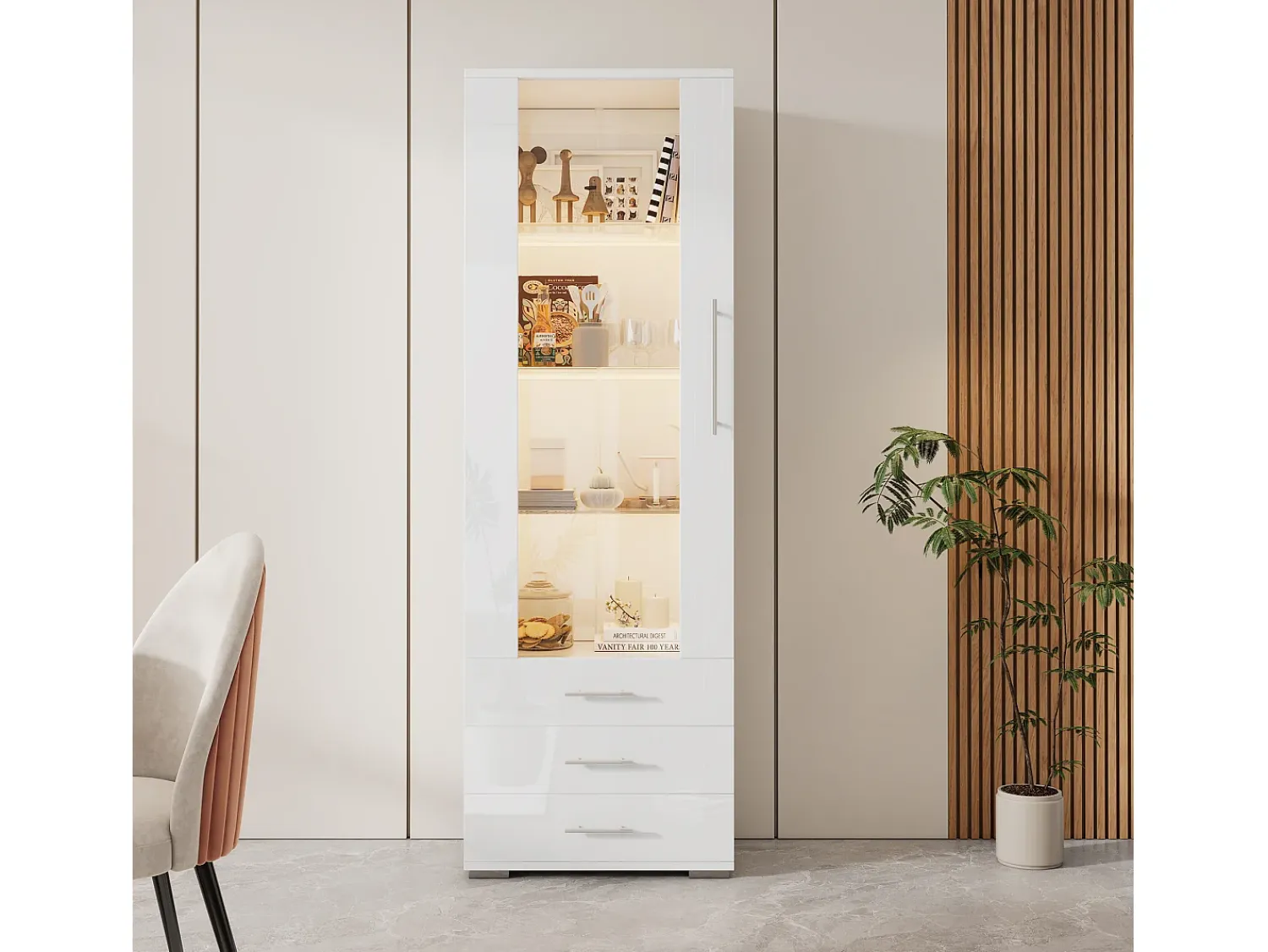 Vitrina|ModernLuxe Vitrine brilhante - com LED - 3 gavetas e prateleiras - 60x35x180 cm - MDF - Branco