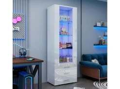 Vitrina|ModernLuxe Vitrine brilhante - com LED - 3 gavetas e prateleiras - 60x35x180 cm - MDF - Branco