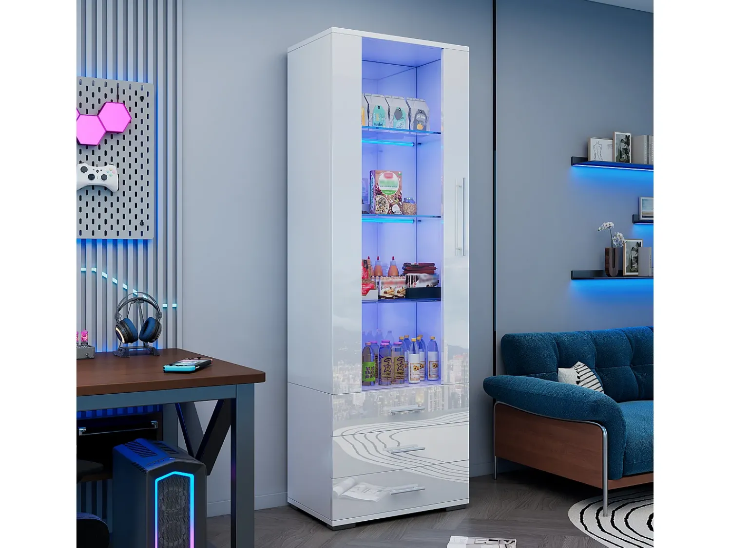 Vitrina|ModernLuxe Vitrine brilhante - com LED - 3 gavetas e prateleiras - 60x35x180 cm - MDF - Branco