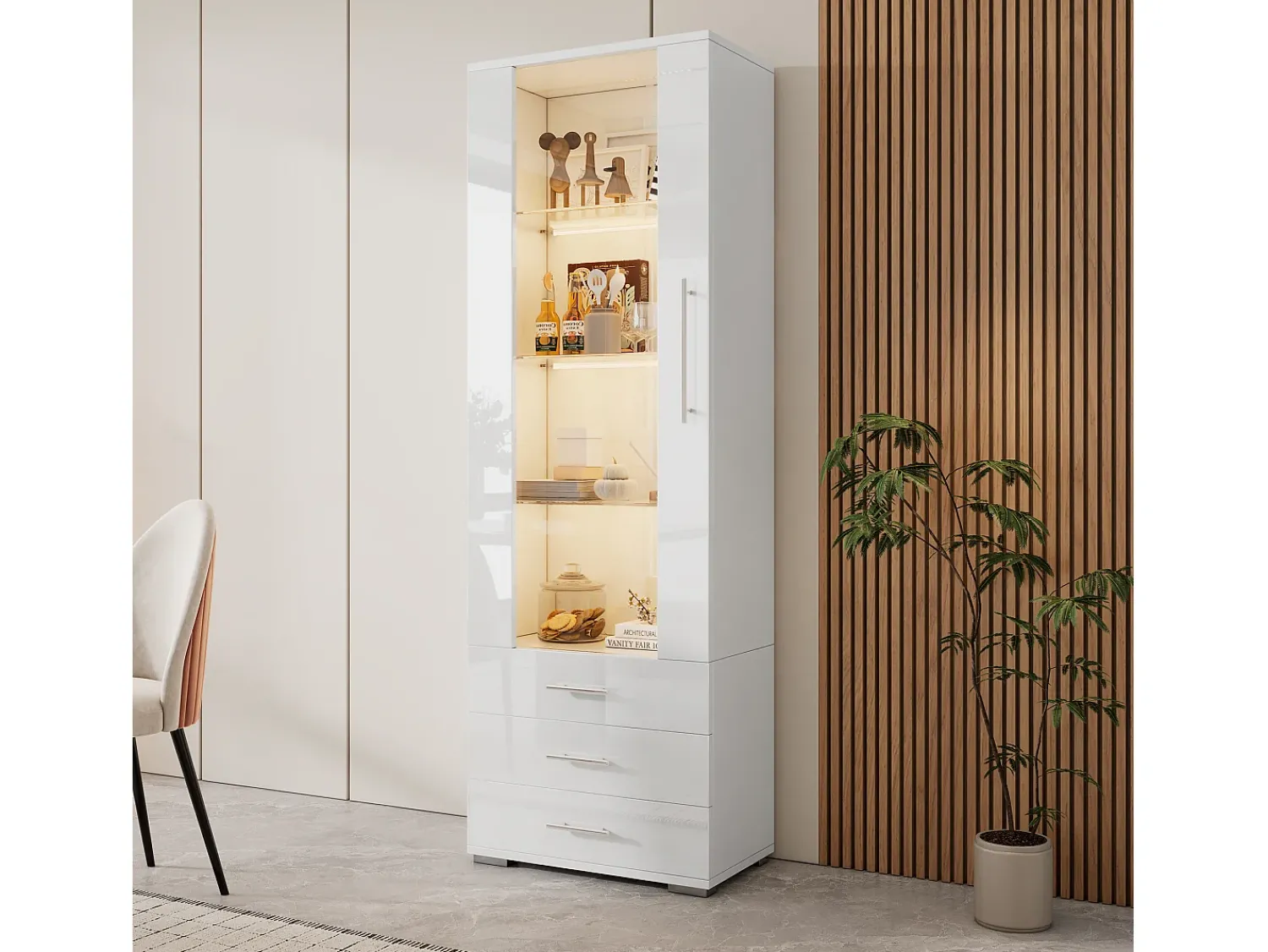Vitrina|ModernLuxe Vitrine brilhante - com LED - 3 gavetas e prateleiras - 60x35x180 cm - MDF - Branco