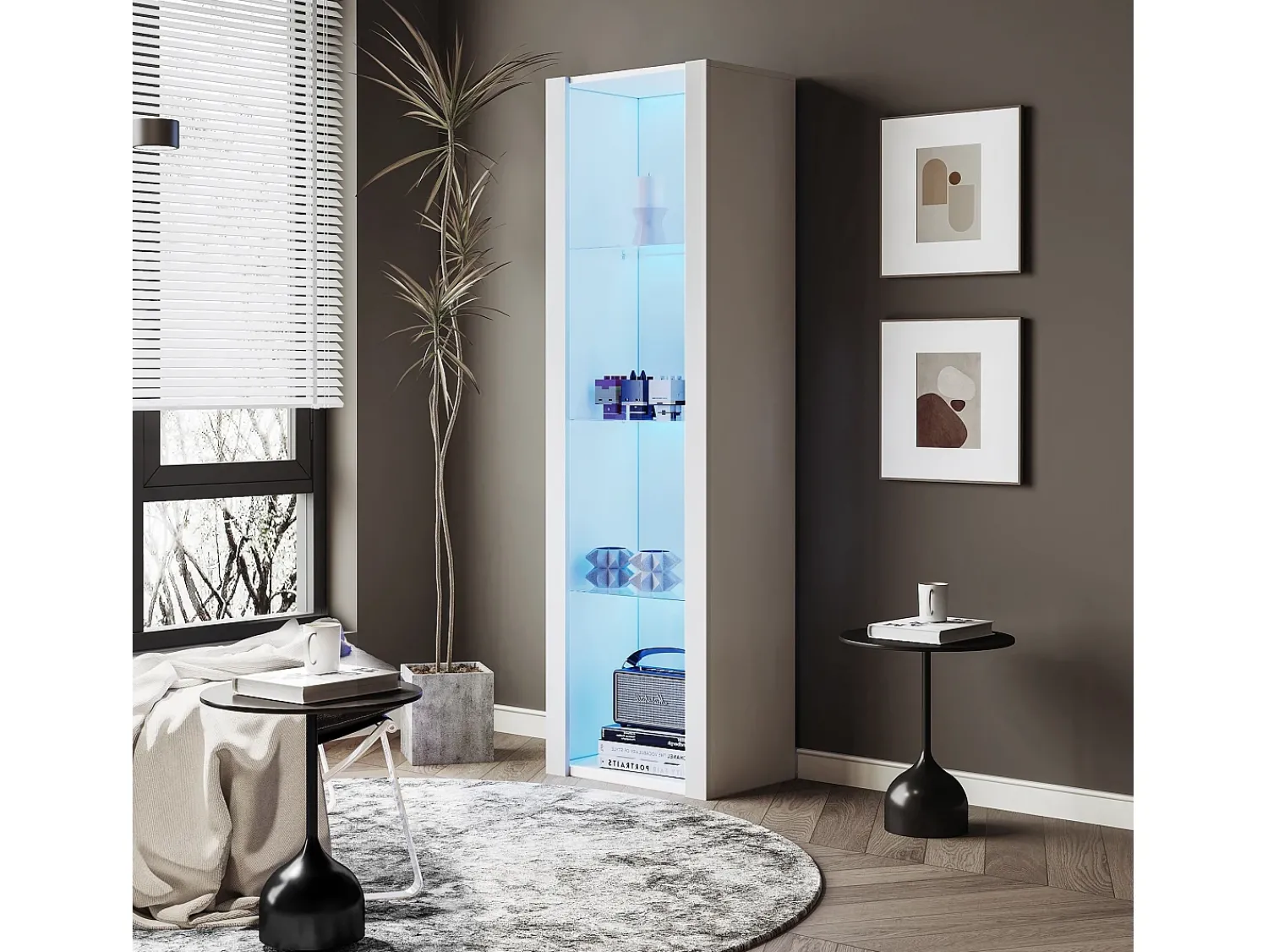 Merax Vitrine brilhante com LEDs - 55 x 38 x 166 cm - 3 prateleiras de vidro - armários altos de armazenamento - aglomerado -^ Vitrina