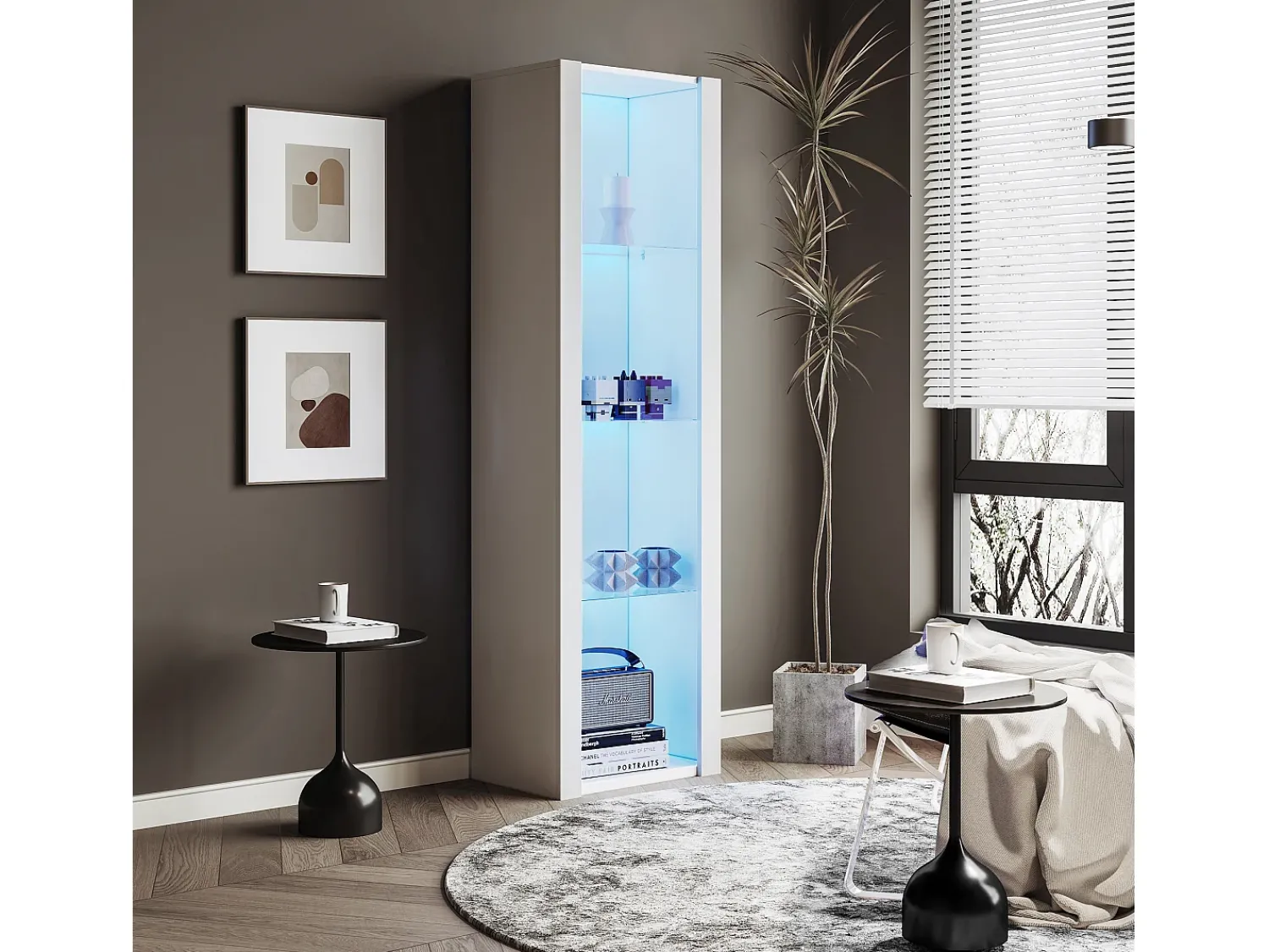 Merax Vitrine brilhante com LEDs - 55 x 38 x 166 cm - 3 prateleiras de vidro - armários altos de armazenamento - aglomerado -^ Vitrina