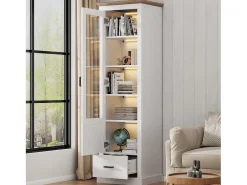 Merax Vitrine com 1 porta de vidro e 1 gaveta - 50 x 35 x 178 cm - LEDs - Aglomerado e vidro -^ Vitrina