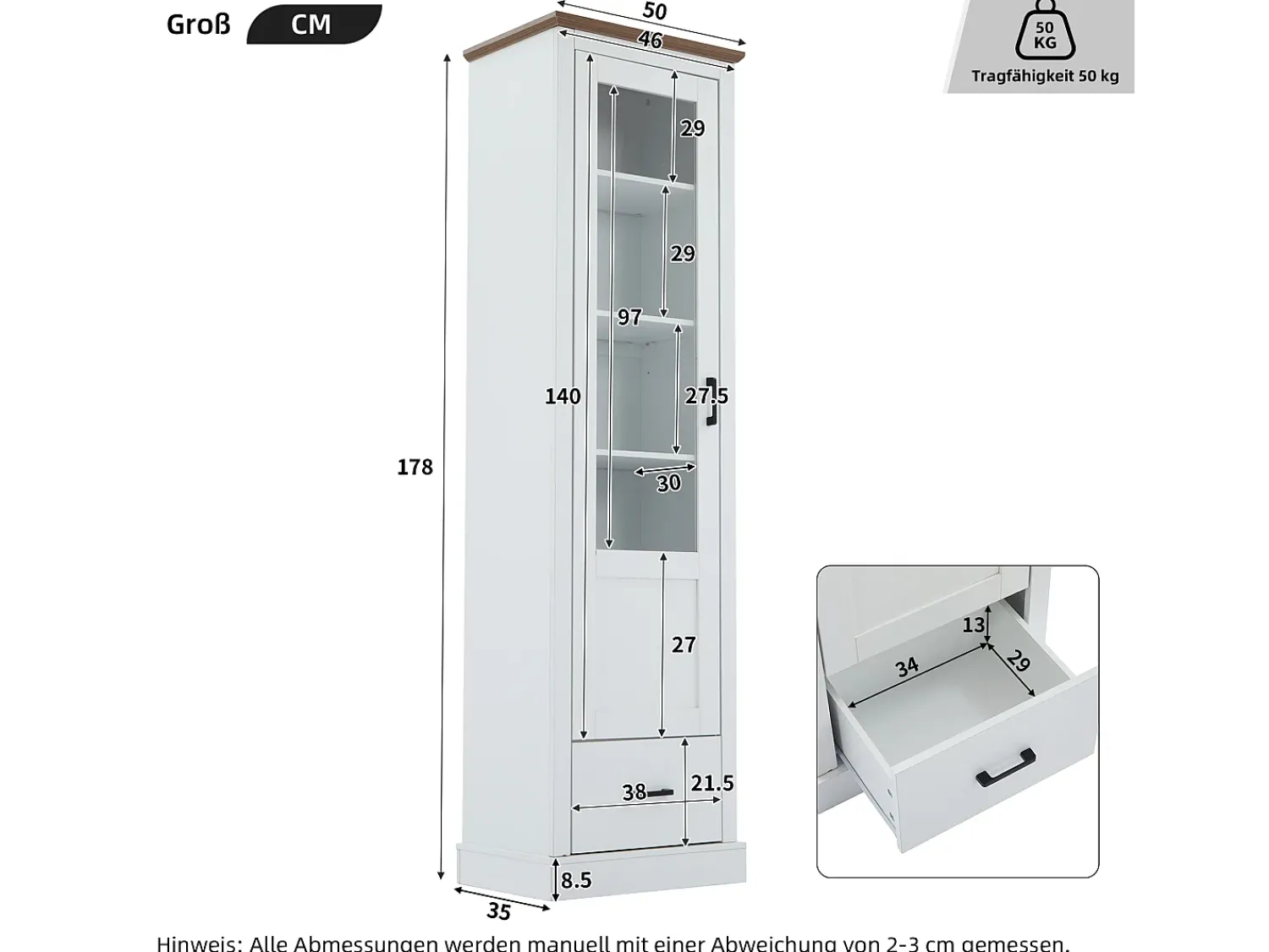 Merax Vitrine com 1 porta de vidro e 1 gaveta - 50 x 35 x 178 cm - LEDs - Aglomerado e vidro -^ Vitrina