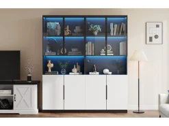 Vitrina*Merax Vitrine com 8 portas - 160 x 30 x 200 cm - LEDs - Aglomerado e vidro - Branco
