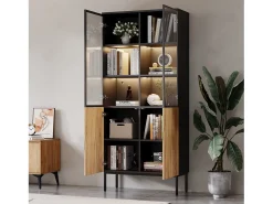 Clearance Hauss Spole Vitrine com 2 portas de vidro e 2 portas de madeira, corpo em e natural, LED incluído - 80x35x180cm Preto