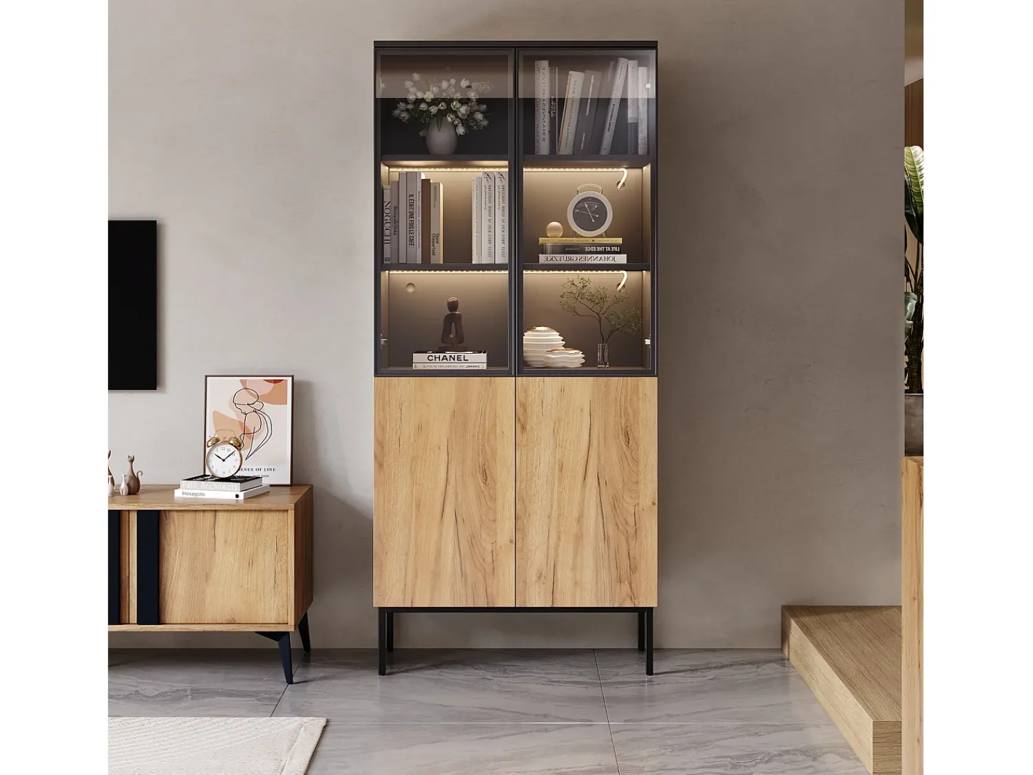 Clearance Hauss Spole Vitrine com 2 portas de vidro e 2 portas de madeira, corpo em e natural, LED incluído - 80x35x180cm Preto