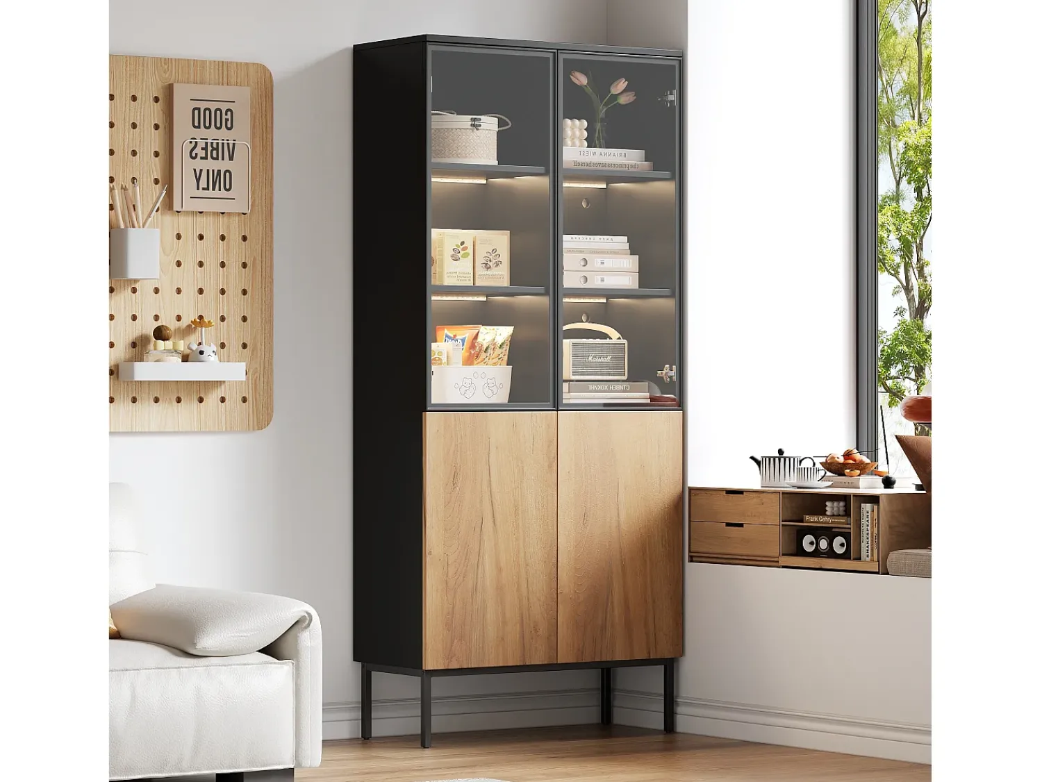 Clearance Hauss Spole Vitrine com 2 portas de vidro e 2 portas de madeira, corpo em e natural, LED incluído - 80x35x180cm Preto