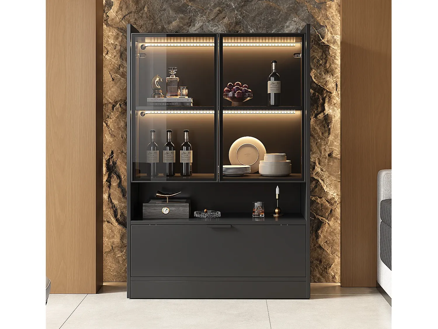 Merax Vitrine com 3 portas e 1 compartimento - 80 x 35 x 120 cm - LEDs - Aglomerado e vidro -^ Vitrina