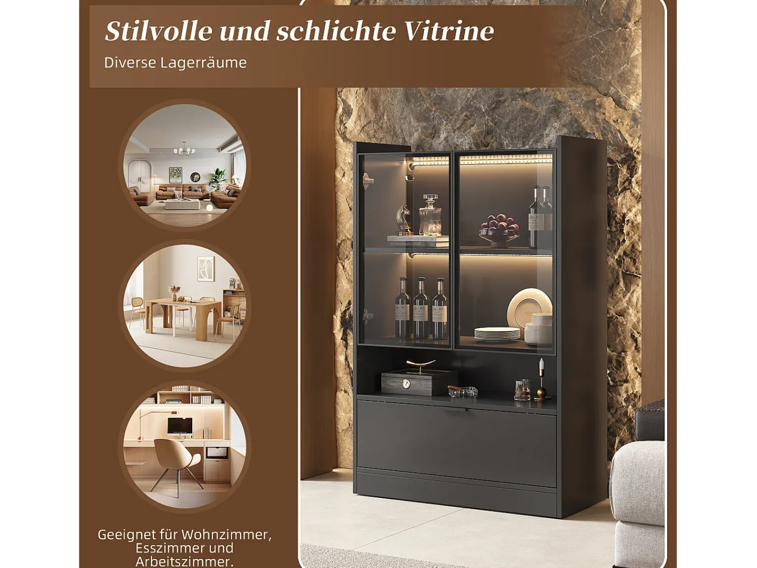 Merax Vitrine com 3 portas e 1 compartimento - 80 x 35 x 120 cm - LEDs - Aglomerado e vidro -^ Vitrina