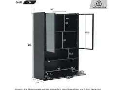 Merax Vitrine com 3 portas e 1 compartimento - 80 x 35 x 120 cm - LEDs - Aglomerado e vidro -^ Vitrina