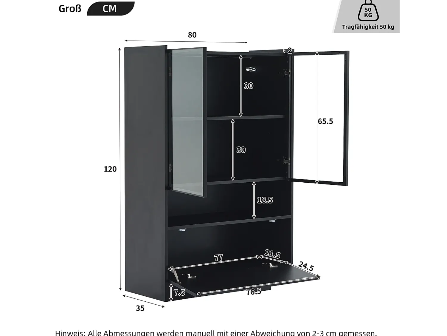 Merax Vitrine com 3 portas e 1 compartimento - 80 x 35 x 120 cm - LEDs - Aglomerado e vidro -^ Vitrina
