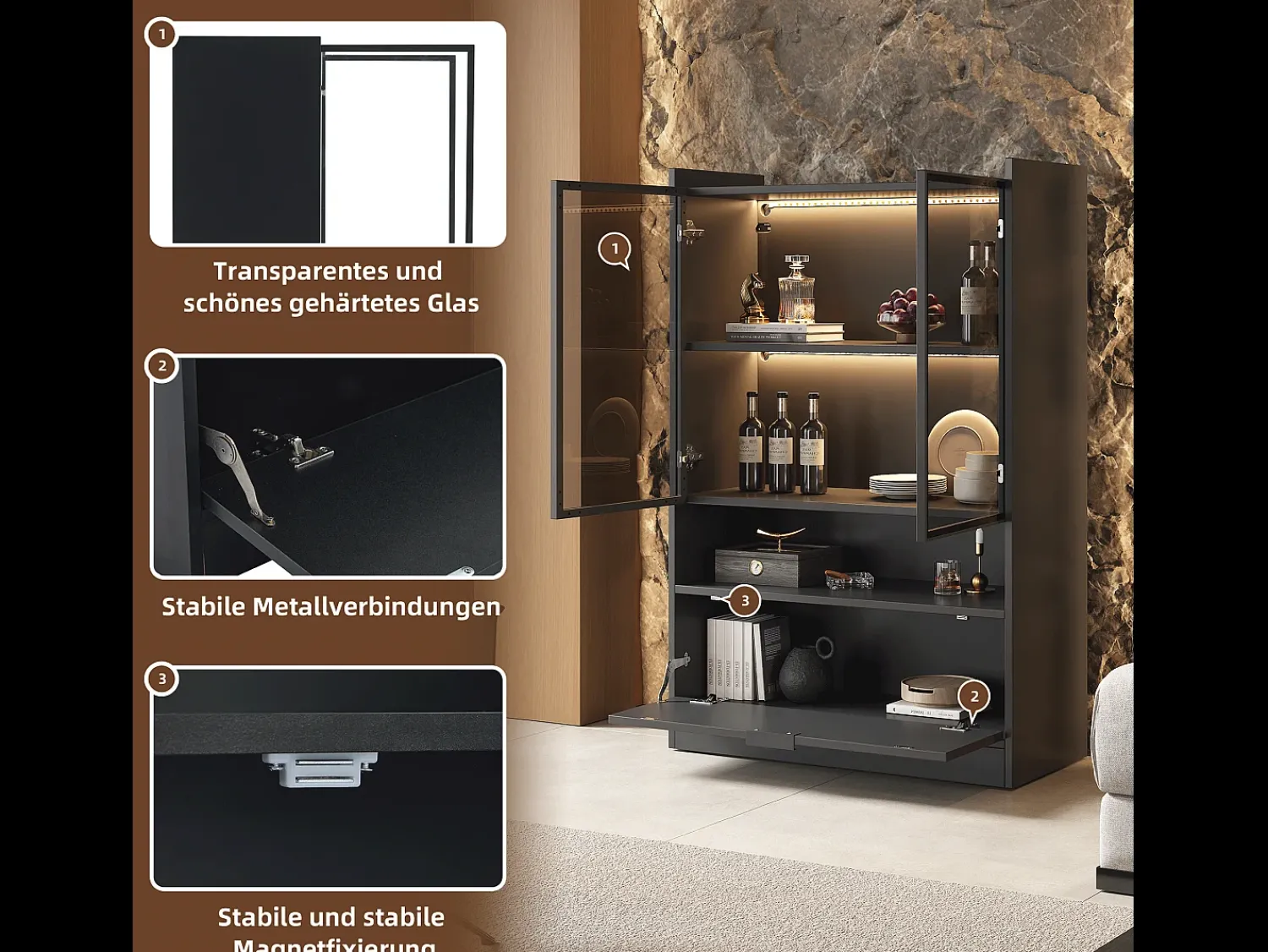 Merax Vitrine com 3 portas e 1 compartimento - 80 x 35 x 120 cm - LEDs - Aglomerado e vidro -^ Vitrina