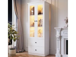 New Merax Vitrine com 2 portas e 2 gavetas - 60 x 36 x 165 cm - LEDs - Prateleiras reguláveis - Aglomerado + MDF - Branco