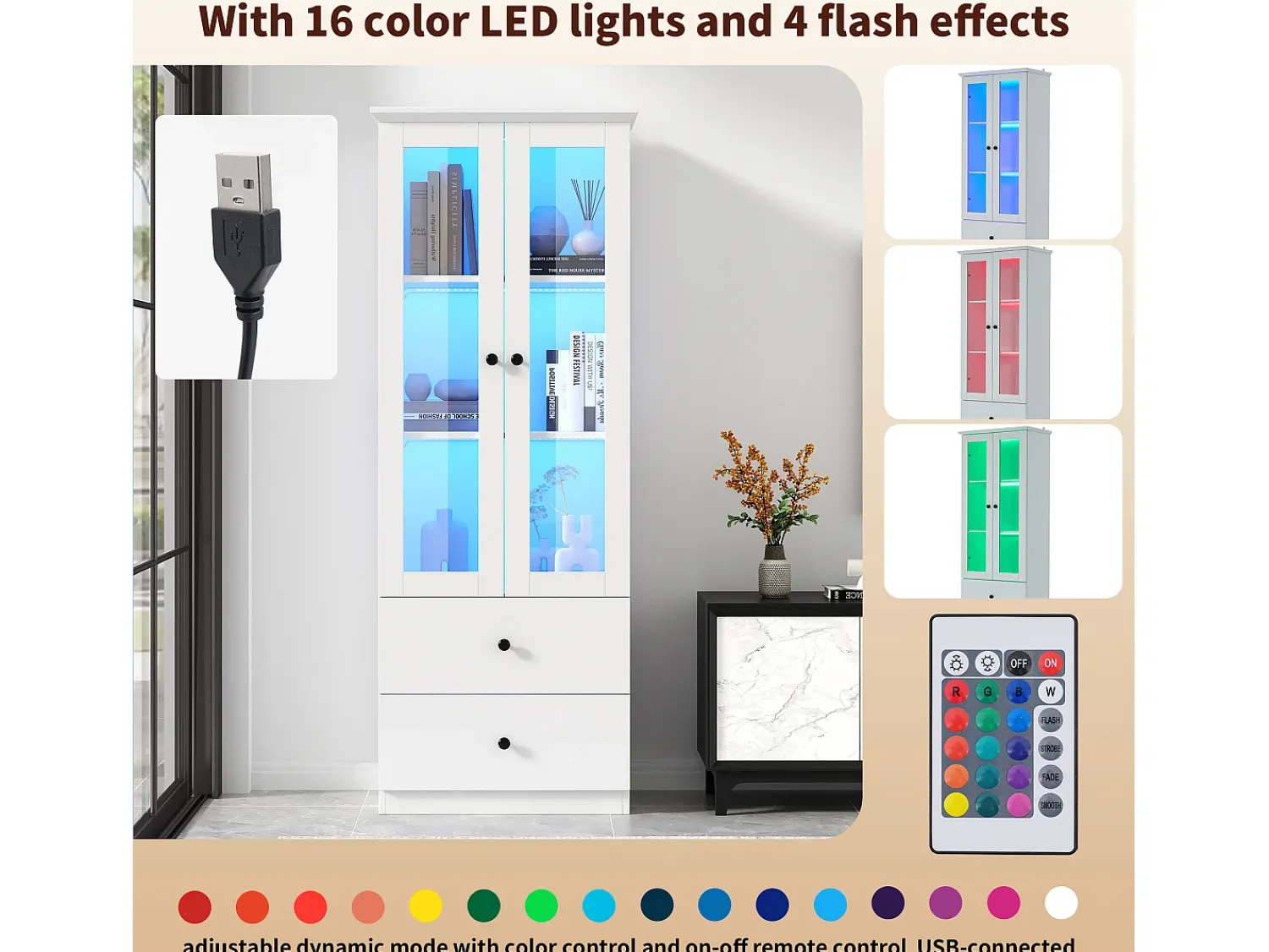 New Merax Vitrine com 2 portas e 2 gavetas - 60 x 36 x 165 cm - LEDs - Prateleiras reguláveis - Aglomerado + MDF - Branco