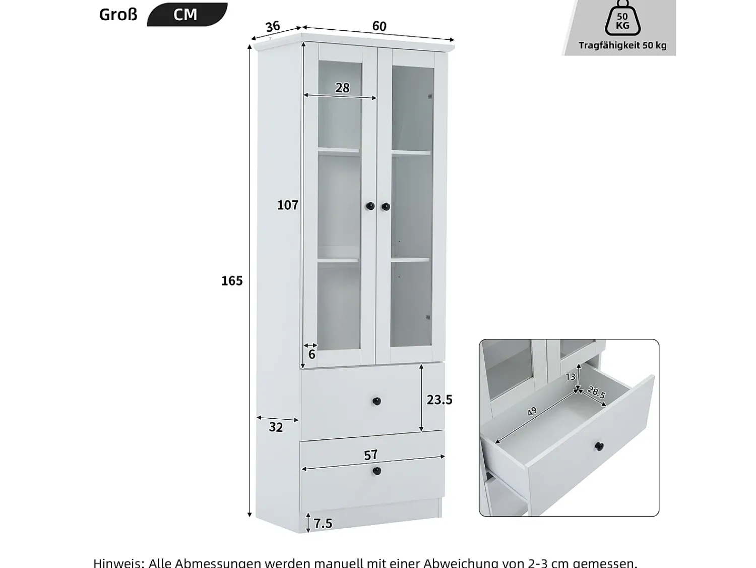 New Merax Vitrine com 2 portas e 2 gavetas - 60 x 36 x 165 cm - LEDs - Prateleiras reguláveis - Aglomerado + MDF - Branco