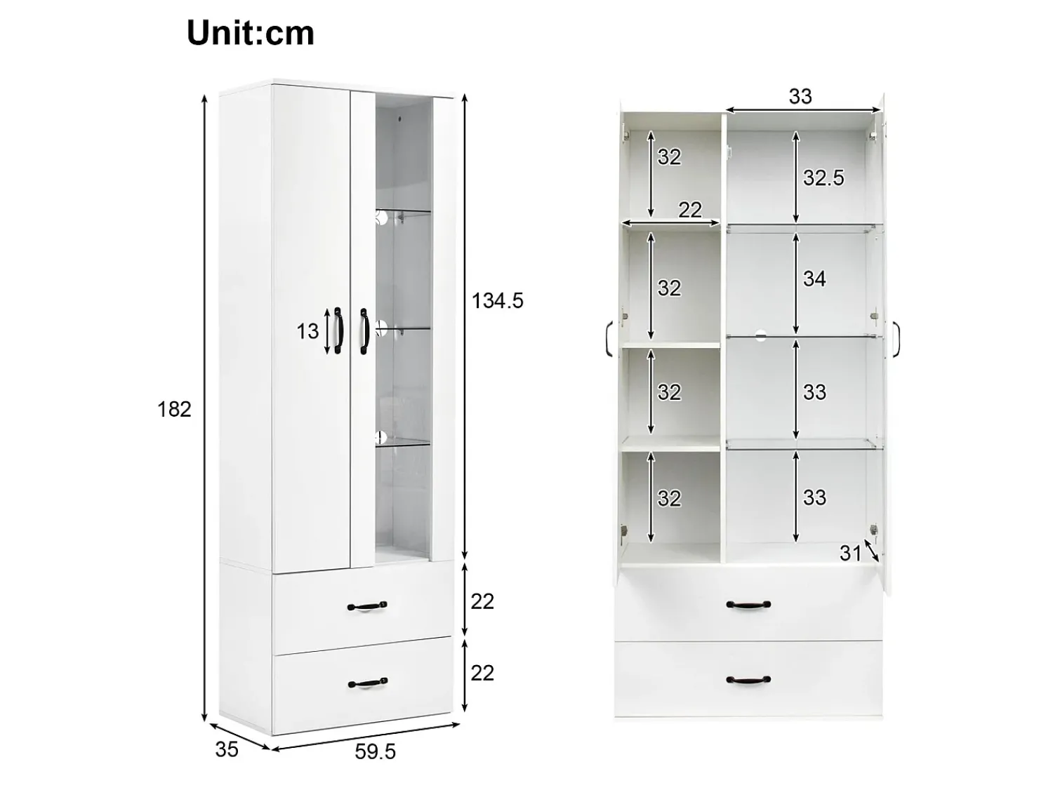 ModernLuxe Vitrine com 2 portas e 2 gavetas e LED - Altura 180cm -^ Vitrina