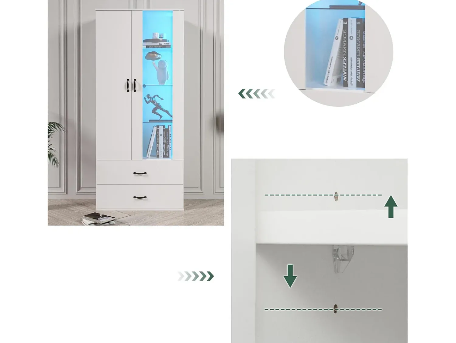 ModernLuxe Vitrine com 2 portas e 2 gavetas e LED - Altura 180cm -^ Vitrina