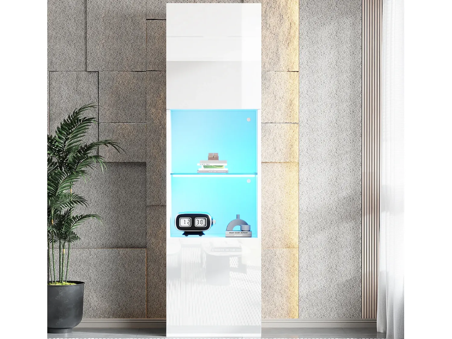 New Merax Vitrine com 2 portas e 1 prateleira de vidro - 45 x 35 x 160 cm - LEDs - Aglomerado - brilhante Branco