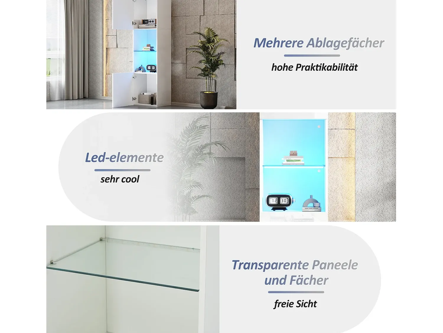 New Merax Vitrine com 2 portas e 1 prateleira de vidro - 45 x 35 x 160 cm - LEDs - Aglomerado - brilhante Branco