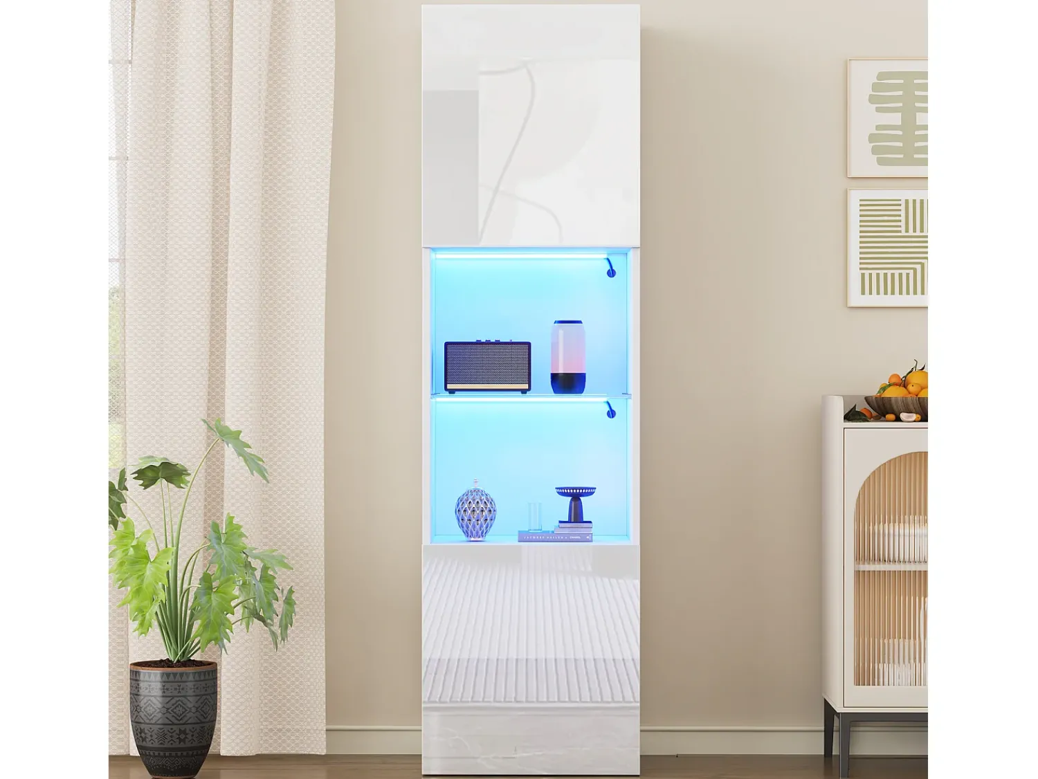 New Merax Vitrine com 2 portas e 1 prateleira de vidro - 45 x 35 x 160 cm - LEDs - Aglomerado - brilhante Branco