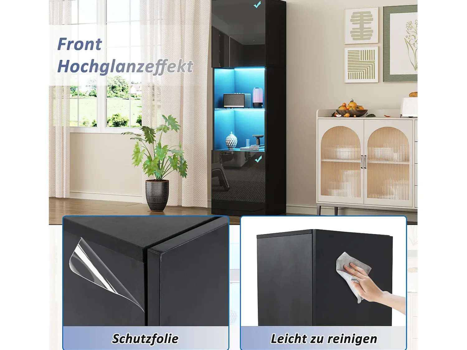 Merax Vitrine com 2 portas e 1 prateleira de vidro - 45 x 35 x 160 cm - LEDs - Aglomerado - brilhante^ Vitrina