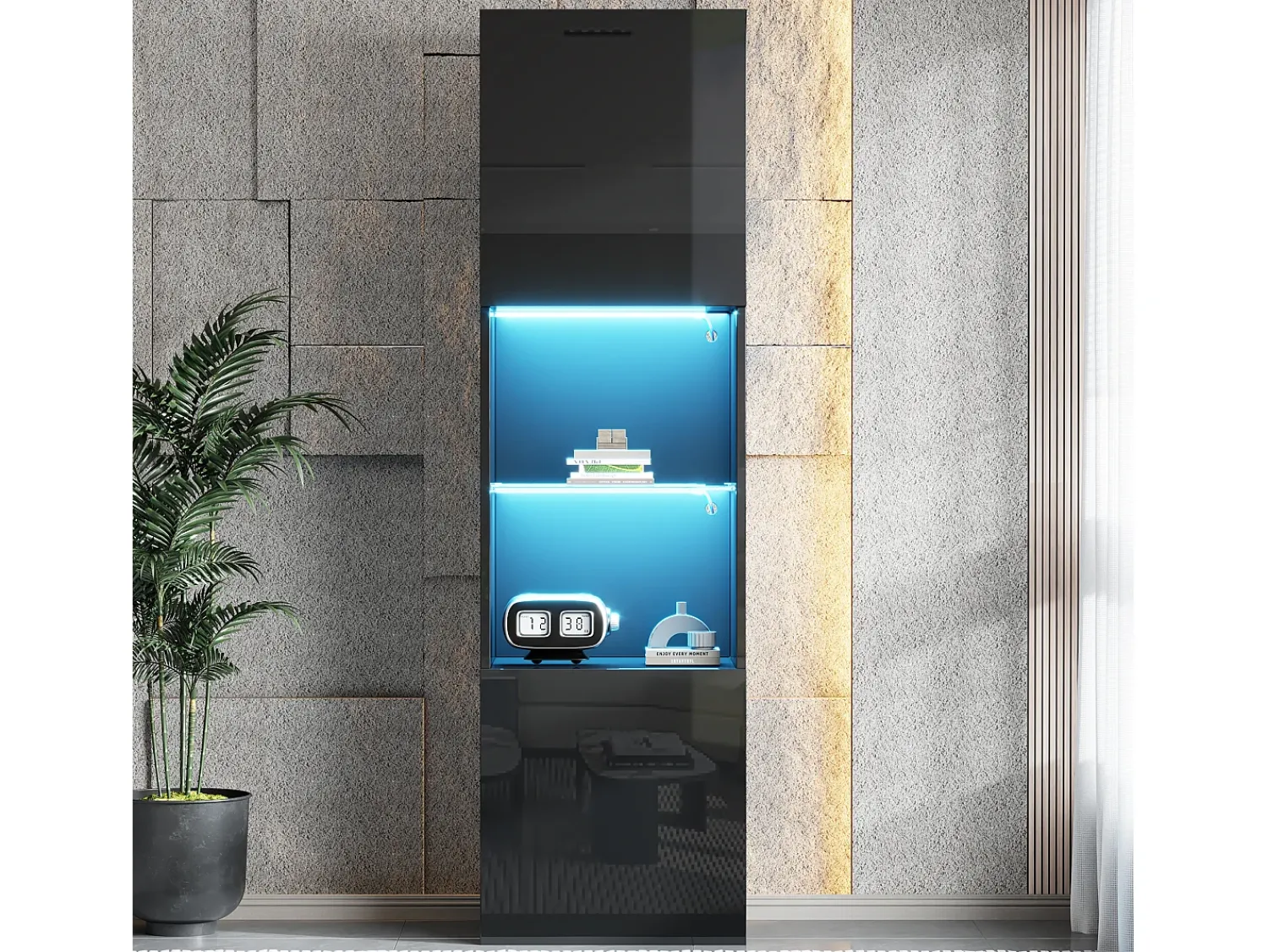 Merax Vitrine com 2 portas e 1 prateleira de vidro - 45 x 35 x 160 cm - LEDs - Aglomerado - brilhante^ Vitrina