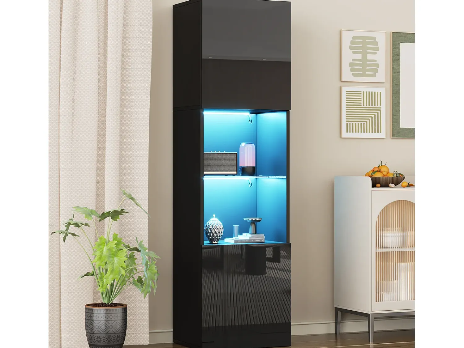 Merax Vitrine com 2 portas e 1 prateleira de vidro - 45 x 35 x 160 cm - LEDs - Aglomerado - brilhante^ Vitrina