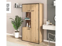 Online Merax Vitrine com 3 portas e 2 prateleiras - LEDs - aglomerado e vidro - altura 150cm - cor carvalho Natural claro