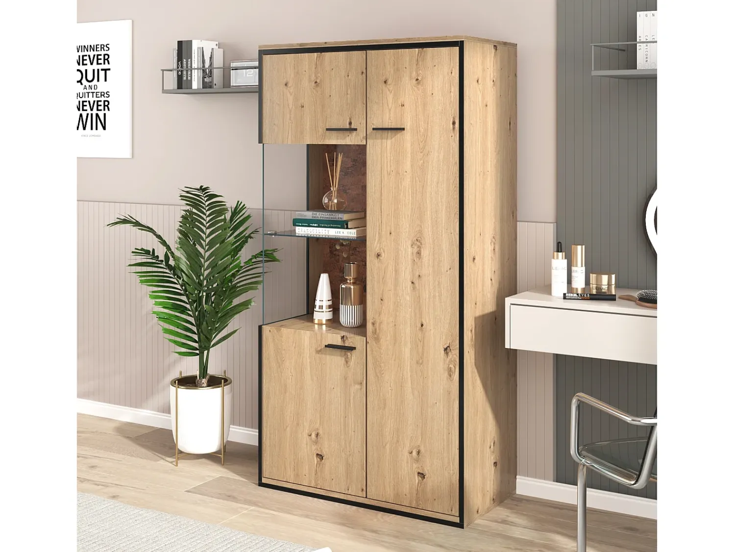 Online Merax Vitrine com 3 portas e 2 prateleiras - LEDs - aglomerado e vidro - altura 150cm - cor carvalho Natural claro