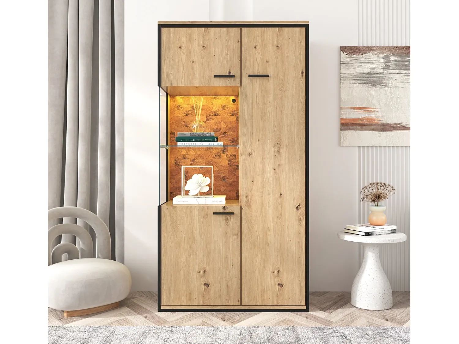 Online Merax Vitrine com 3 portas e 2 prateleiras - LEDs - aglomerado e vidro - altura 150cm - cor carvalho Natural claro