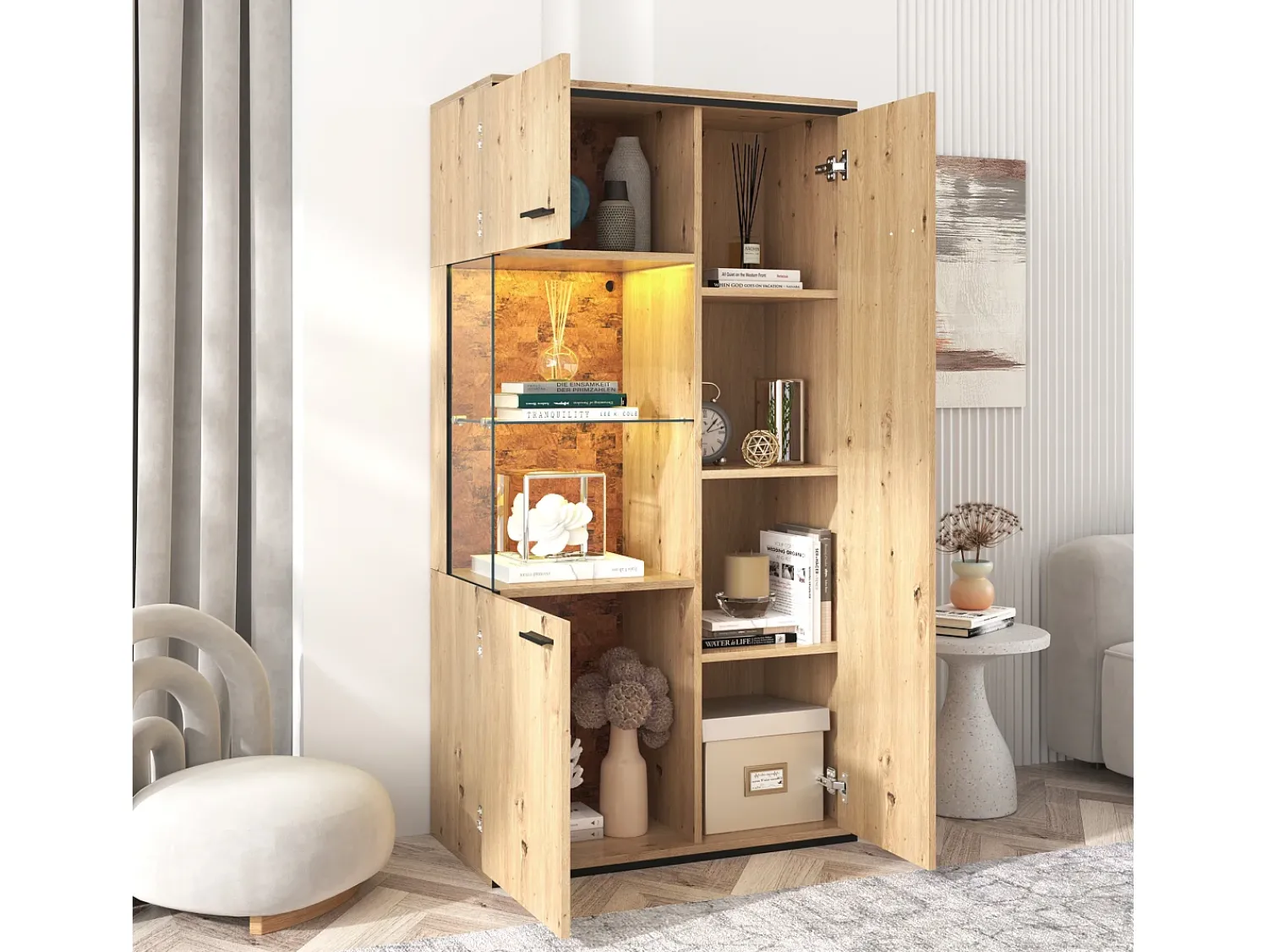 Online Merax Vitrine com 3 portas e 2 prateleiras - LEDs - aglomerado e vidro - altura 150cm - cor carvalho Natural claro