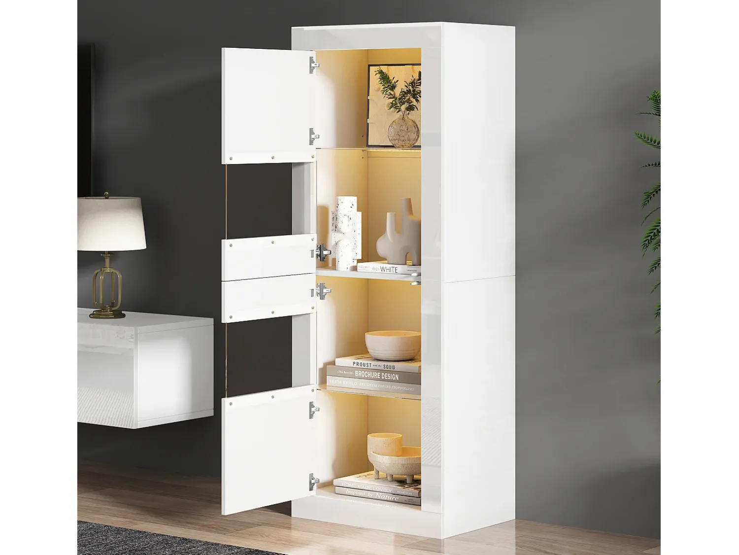 Hauss Spole Vitrine com 2 portas e prateleiras de vidro, corpo lacado , LED incluído - 61x42x162cm^ Vitrina