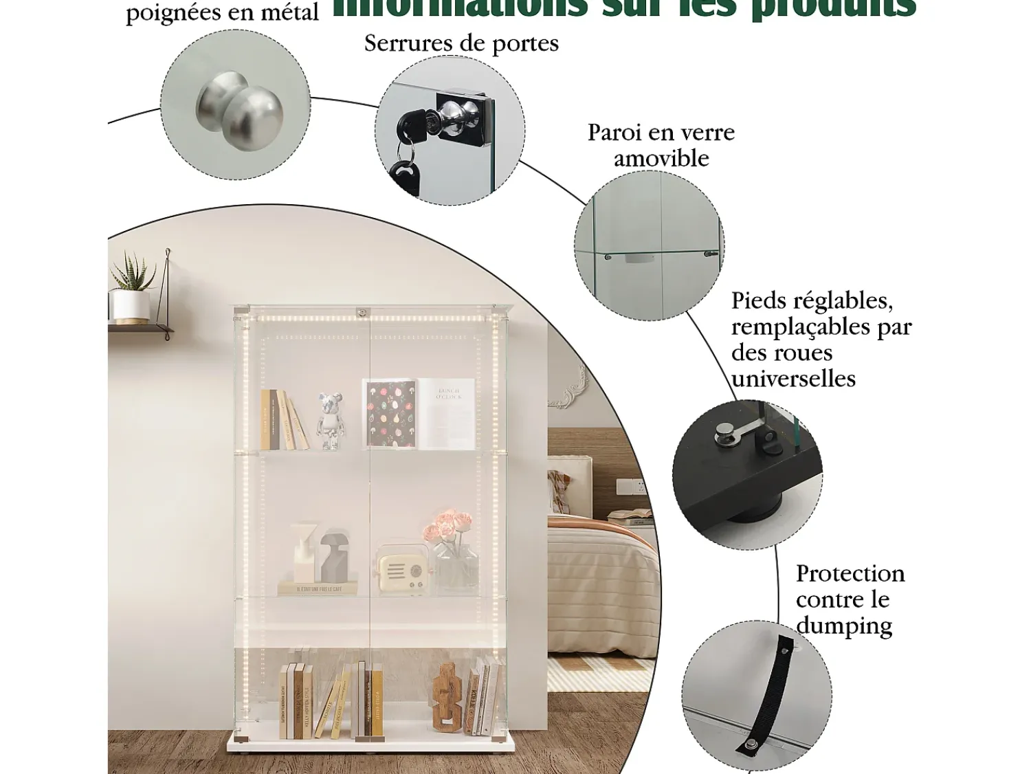 Vitrina| Vitrine com 4 prateleiras e portas duplas, vitrine para sala de estar Branco