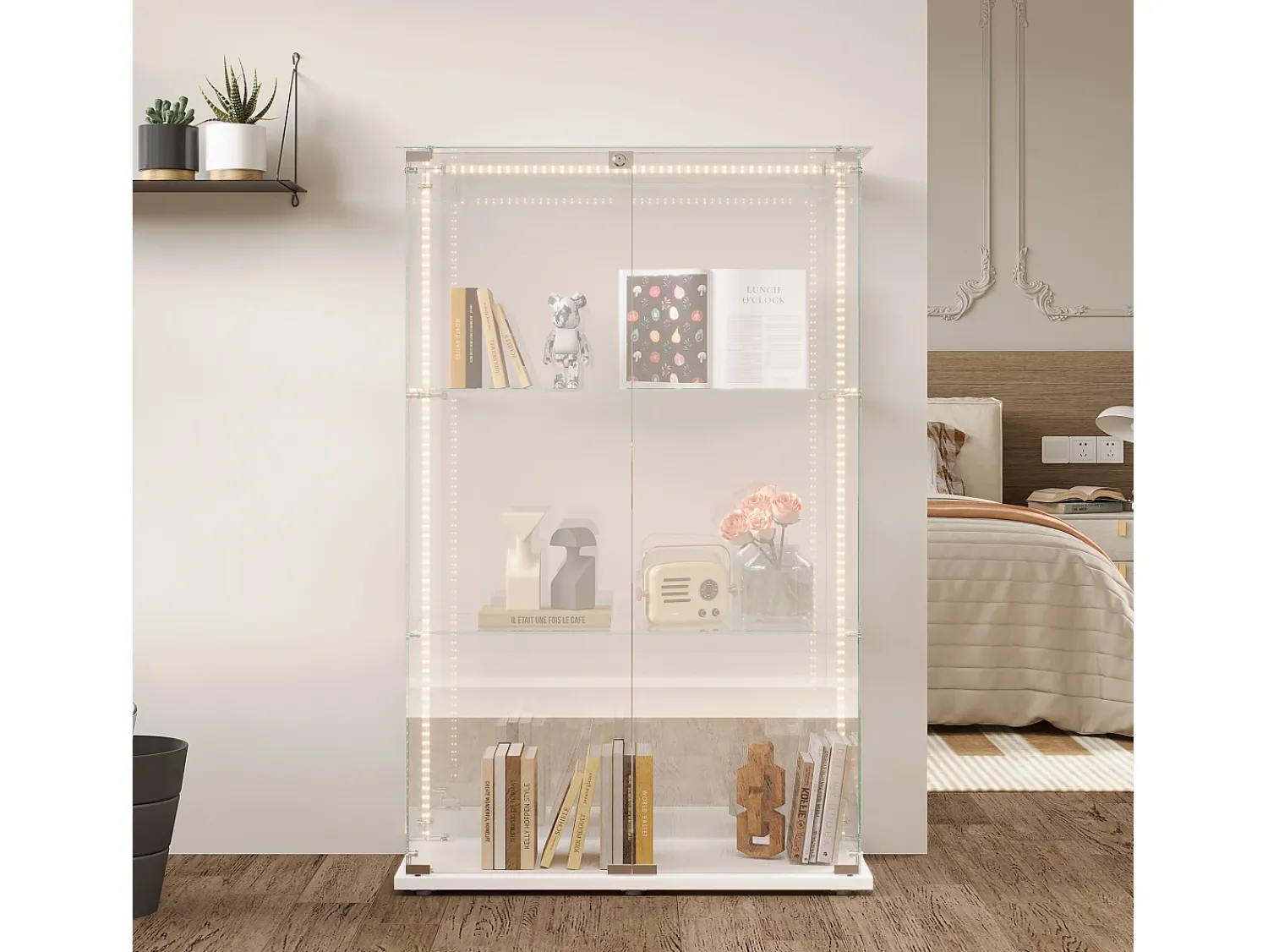 Vitrina| Vitrine com 4 prateleiras e portas duplas, vitrine para sala de estar Branco